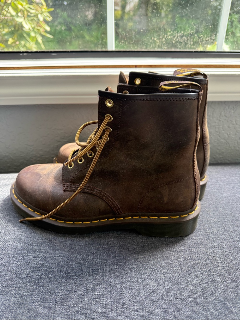 Dr. Martens Dark Brown Leather Lace-Up Boots with Yellow Stitching